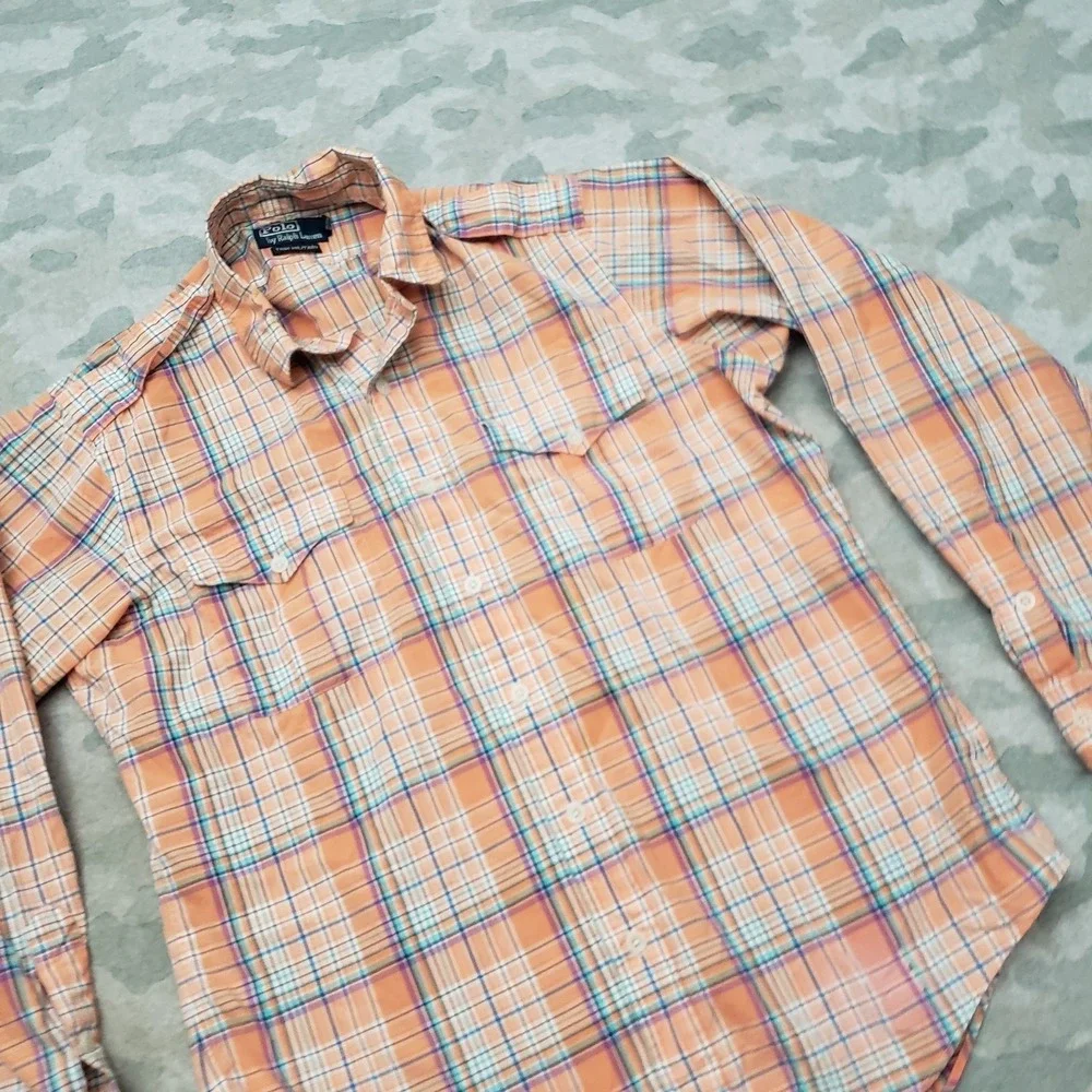Polo Ralph Lauren Shirt Mens Large Orange Trim Military Long Sleeve Button Plaid